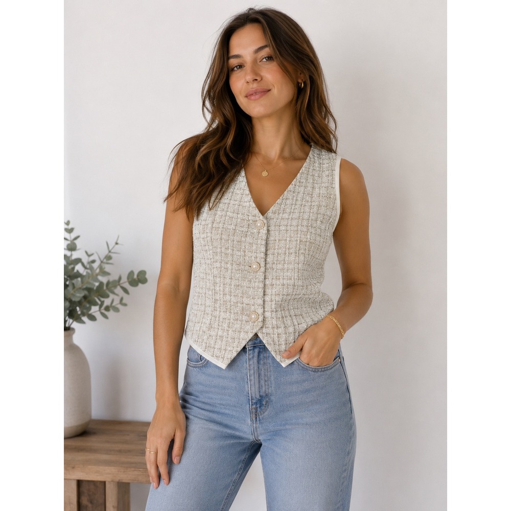 RIHOAS Vest Top Womens Medium Cream Gold Tweed Old Money Chic Preppy